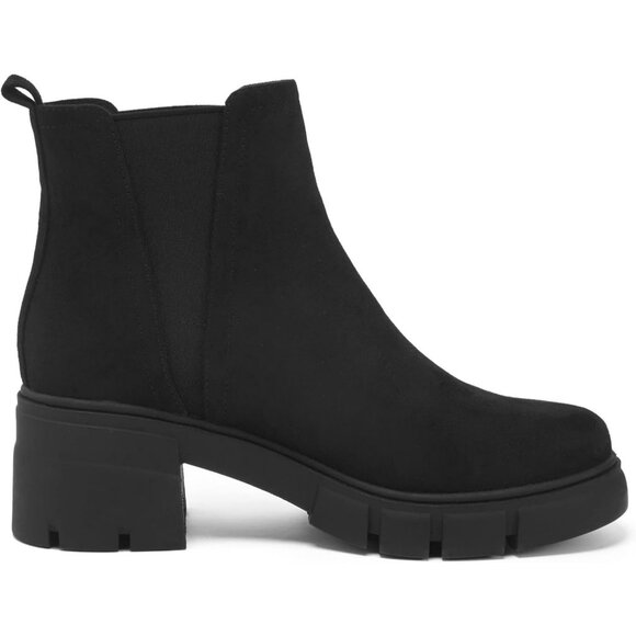 Redtop Women's Black Faux Suede Elastic Chunky Block Heel Lug Sole Ankle Boot - Picture 4 of 7